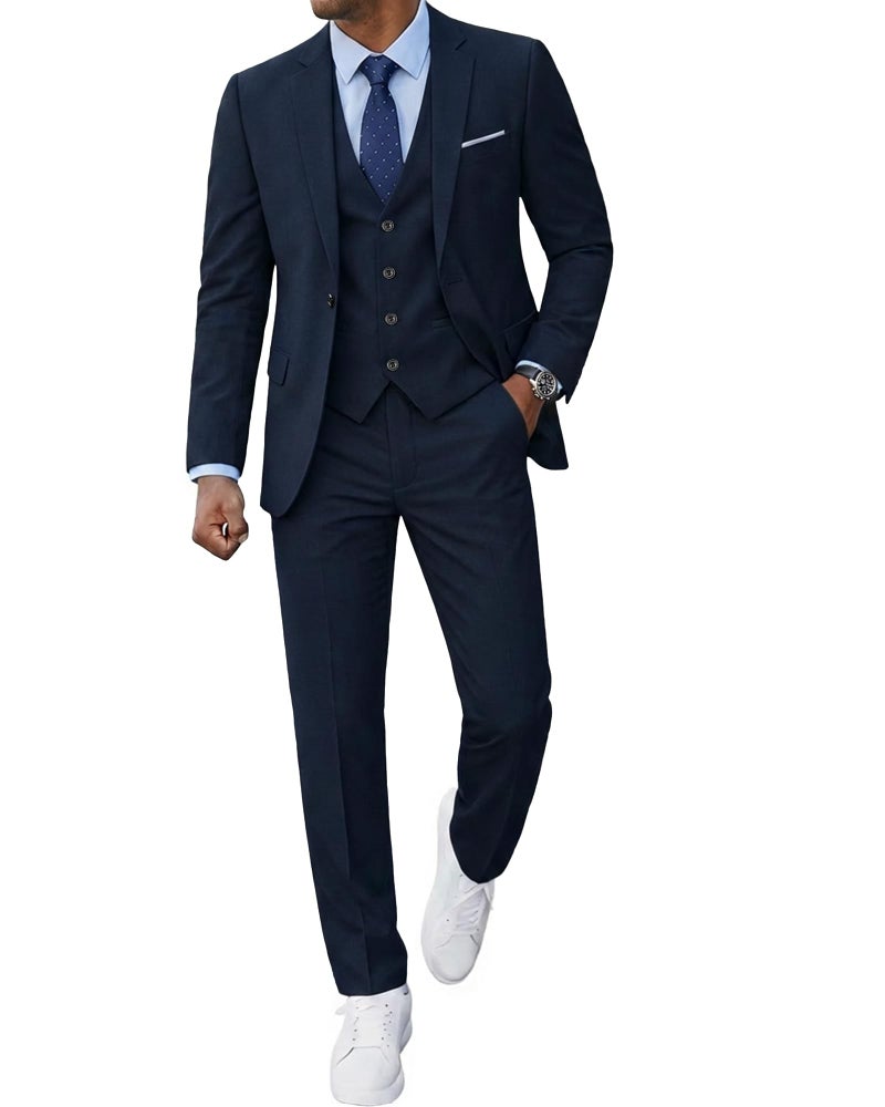 YND Men's 3 Piece Slim Fit Suit, One Button Solid Jacket Vest Pants Set with Tie, for Wedding Party Proms and Business, Deep Blue - Image 1